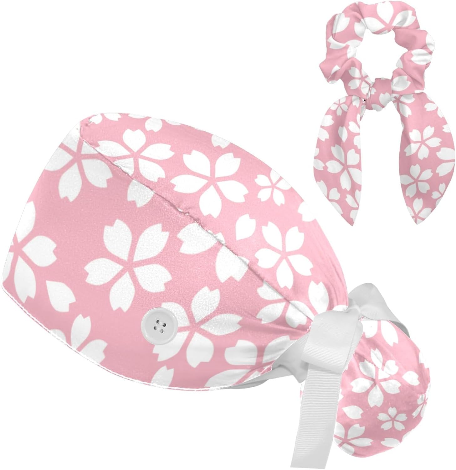 Red Blooming Rose Flowers Black Working Cap with Scrunchy and Ribbon Tie for Women, Long Hair