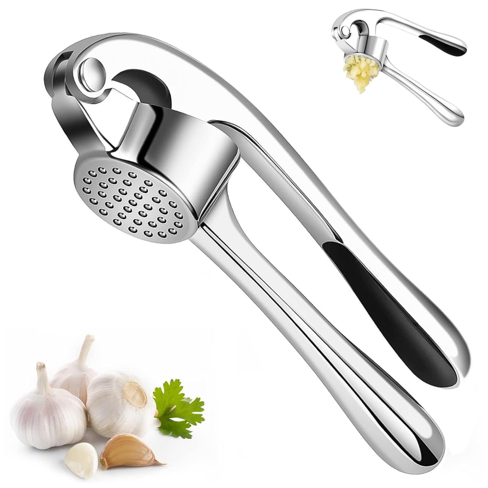 STAYOUNGPremium Garlic Press - Garlic Mincer Set with Silicone Roller Peeler & Cleaning Brush, Easy to Squeeze and Clean, Rust Proof & Dishwasher Safe