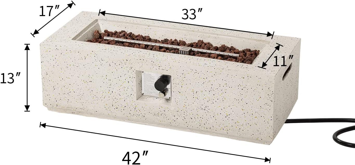 COSIEST Outdoor Propane Fire Pit Coffee Table, 42-inch x 13-inch Terrazzo Rectangle Base Patio Heater w Certified, 50,000 BTU Stainless Steel Burner, Free Lava Rocks and Rain Cover