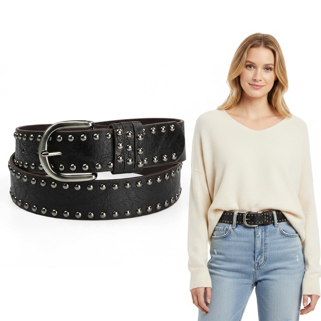 sannidhi Women Leather Rivets Belts for Jeans Pants Dresses Studded Leather Belts with Silver Buckle-Black-picture-22