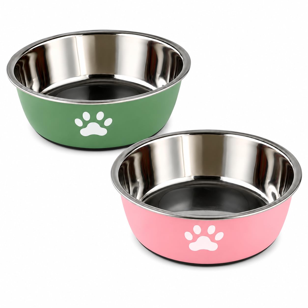 Dog Bowls 2 Pack, 450ml Stainless Steel Dog Food and Water Bowls with Non-Slip Rubber Base, Small Pet Feeding Bowls for Puppies, Cats, Rabbits and Small Dogs, Pink and Green