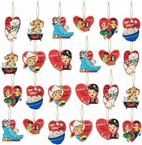 GROBRO7 25Pcs Valentine Wooden Hanging Decoration, Vintage Valentine Wood Tags Ornament Love Heart Retro Wood Garlands Pendant for DIY Crafts, Wedding Anniversary Romantic Festival Party Supplies