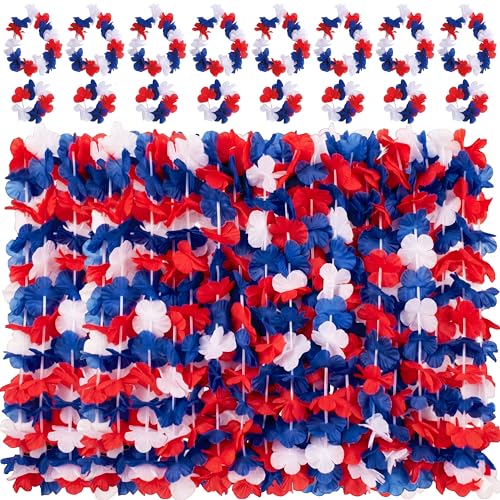 Moon Boat 60Pcs 4th of July Leis Decorations - Red White and Blue Patriotic Flower Necklaces Headbands Bracelets Bulk for Memorial Independence Day Party Favors