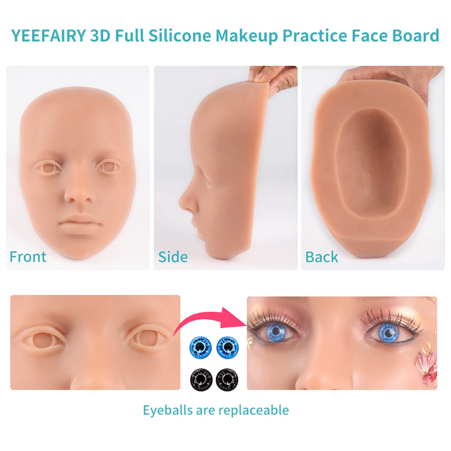 Makeup Practice Face Board 3D Reusable Silicone Mannequin Eye Face Kit Practice Skin with 2 Pairs of Realistic Eyeballs for Tattoo Artists Beauty Beginner (Natural)