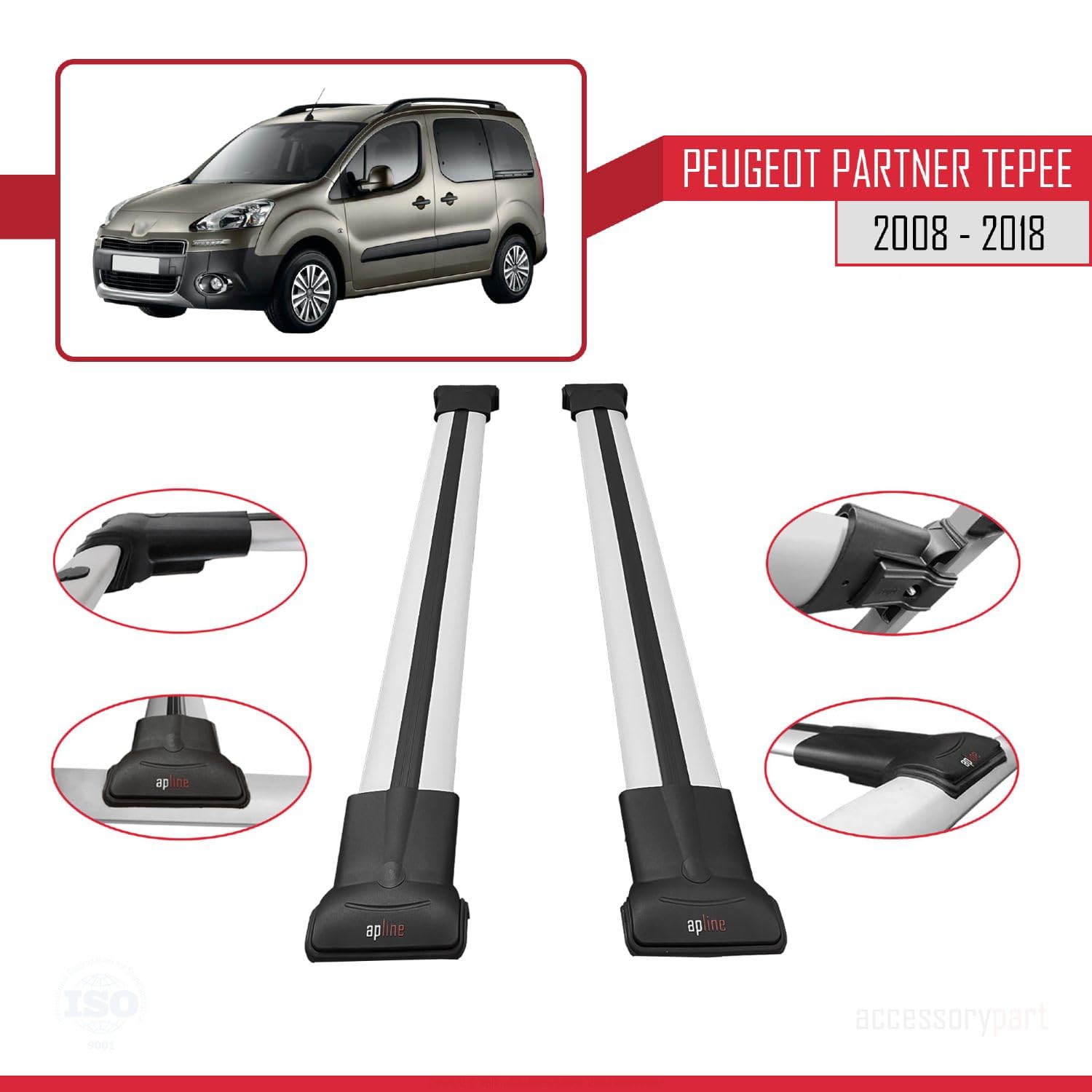 Compatible con Peugeot Partner Tepee 2008-2018 Barras de Techo Fly Modelo Portaequipajes Barras Transversales Gris