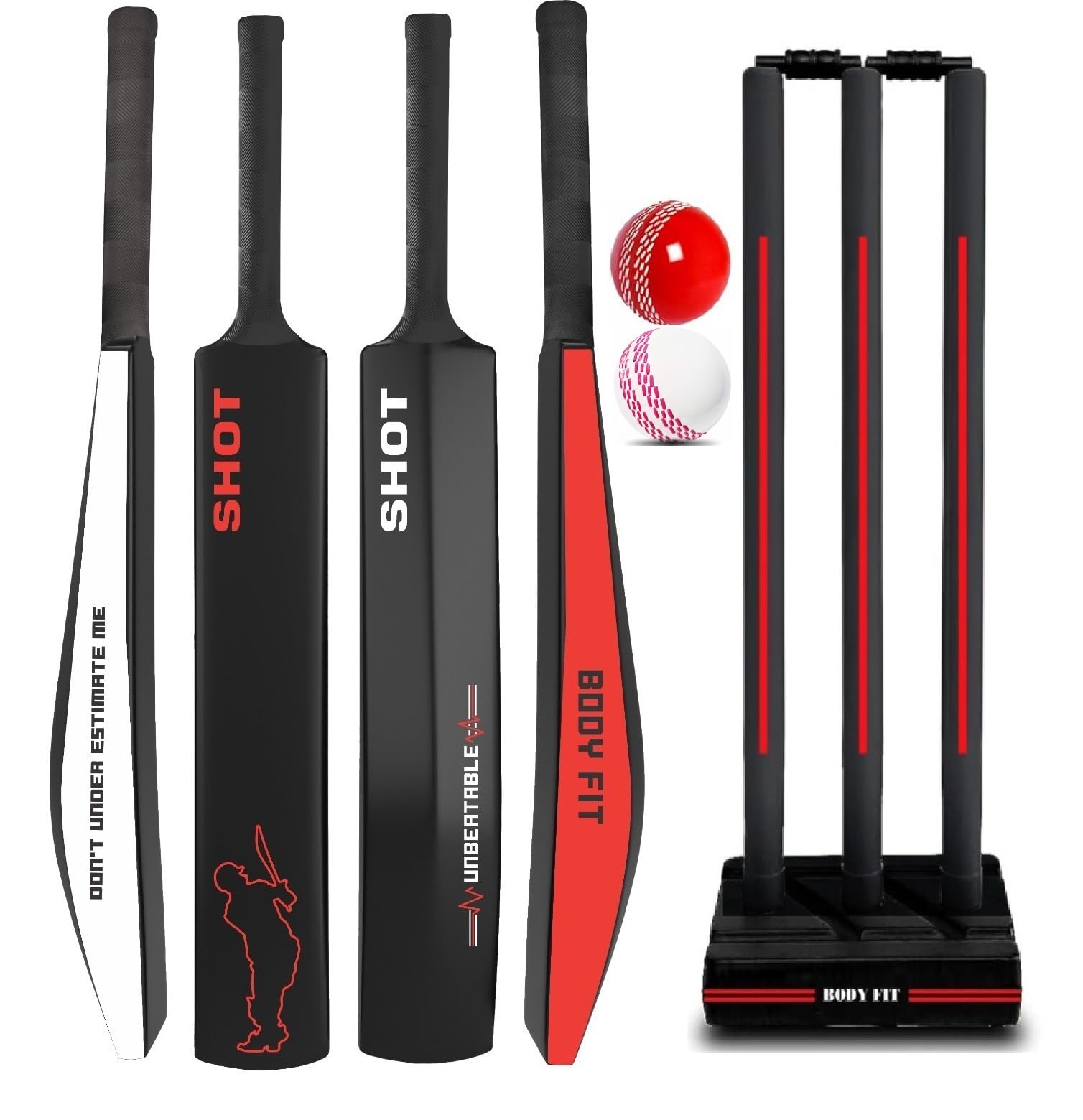 Bodyfit Shot Premium Cricket Bat for Men, Women & Children | Lightweight| Full Size| | Hard Plastic Bat| Premium Cricket Wicket Set l 3 Stumps+2 Bails+1 Stand Set, 2 Balls, F Red WG.-picture-15