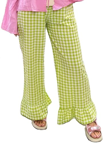 パンツ 70s~ ERRECINQUE 3tuck gingham slacks Women Ruffle Hem Gingham Pants Y2k Plaid Straight Wide Leg