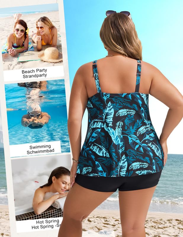 Hanna Nikole Tankini 2 pièces pour femme - Haut tankini fluide et short de bain taille haute - Contrôle du ventre - Maillot de bain modeste