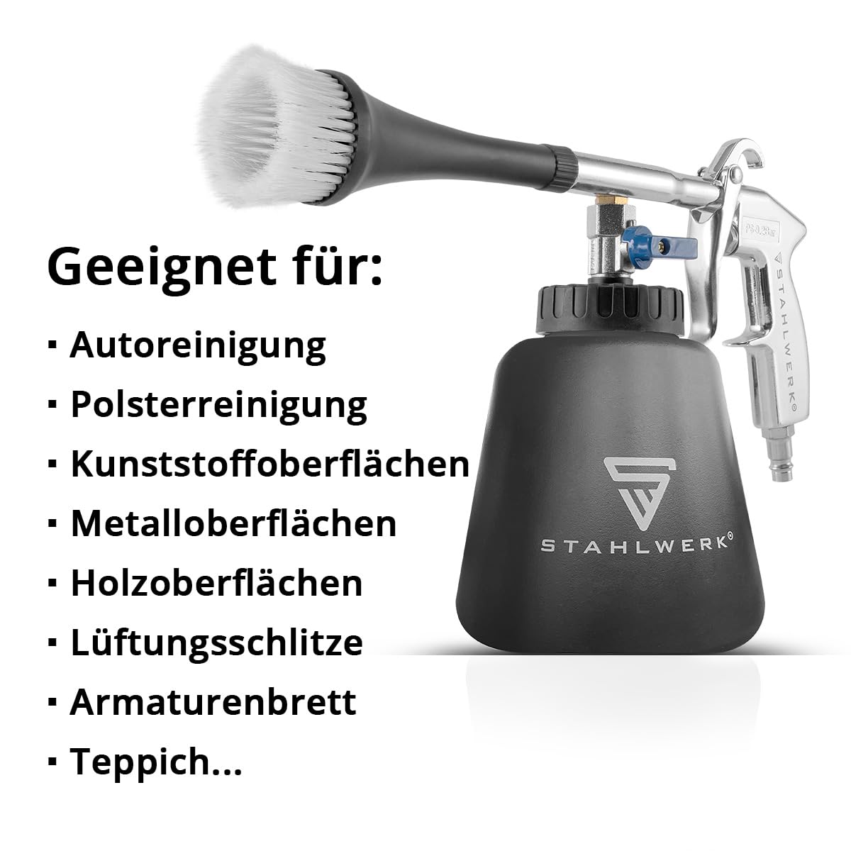 STAHLWERK Werkstatt- und Auto-Detailing-Set 21-teilig | Werkstatthocker 118 kg, Druckluft-Reinigungspistole mit Tornado-Effekt und Autoreinigungs-Set aus Mikrofaser
