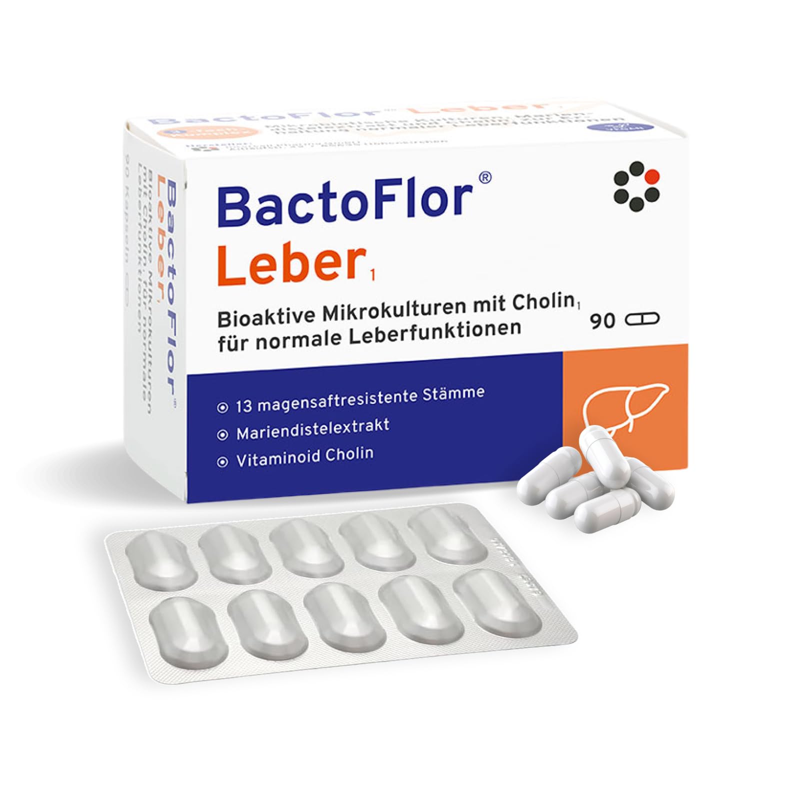 BactoFlor® Leber - Probiotika für die Darmsanierung und Leberkur (90 Kapseln) - 13 Bakterienkulturen für die Darm Leber Achse - mit Mariendistel & Cholin & Lactobacillus - laktosefrei und glutenfrei