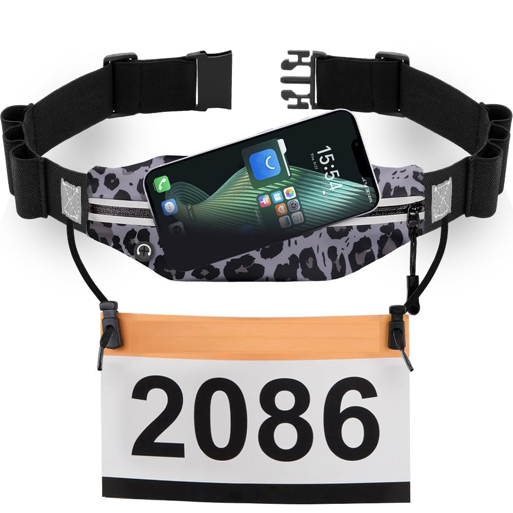 Laufgürtel für Handy - wasserdichte Lauftasche, Sportgürtel Hüfttasche, Triathlon Startnummernband Laufgurt mit Bauchtasche & Verstellbarem Gummiband & Nummernhalter &6 Gel-Halter