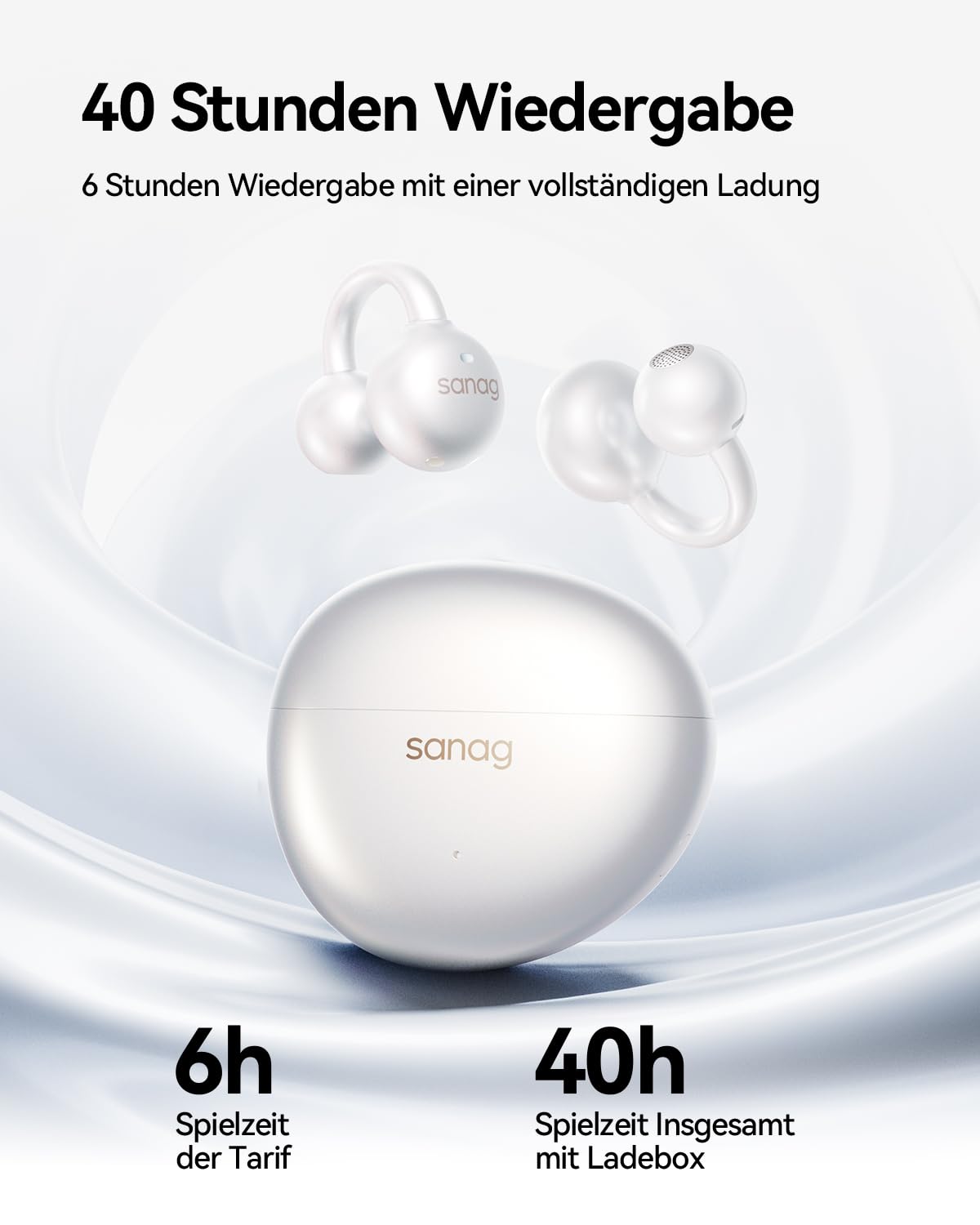 SANAG S7SUltra Open Ear Kopfhörer, Clip On Earbuds Kabellos Dyna HiFi, Bluetooth 6.0, 40H Spielzeit, IP67 Wasserdicht, 4g, ENC Geräuschunterdrückung für Anrufe, Sicherer Halt für Laufen, Radfahren