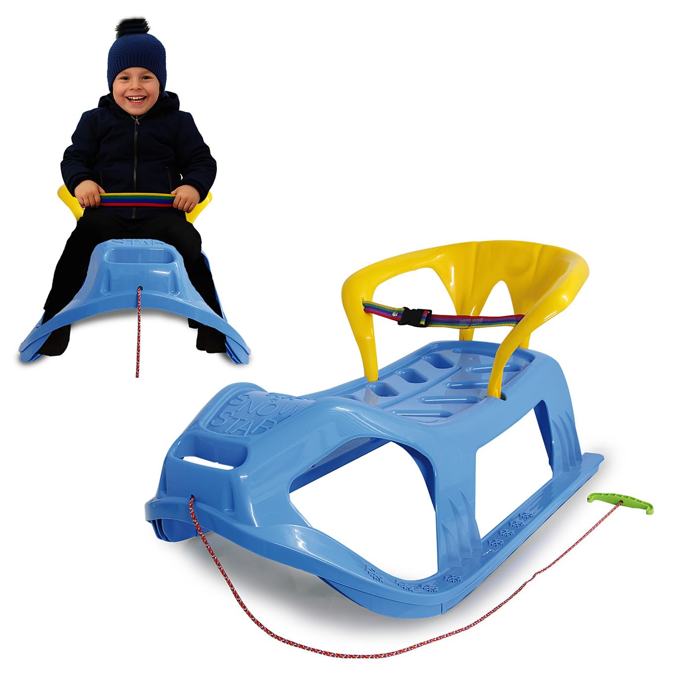 Jamara Snow Play 460367 Snow-Star 460367 Patins en métal avec Protection Contre Le basculement, Dossier et Sangle de sécurité Inclus Bleu 90 cm