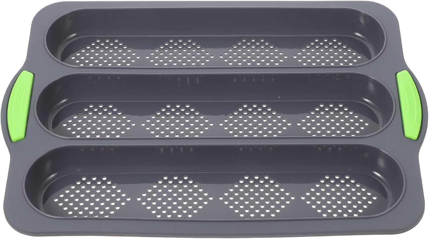 Multi-function Three-slot Silicone Bread Pan Non-stick Professional Kitchen Baking Mold with Deep Gray Body and Green Handle, Perforated European Style Baguette Loaf Pan for Oven