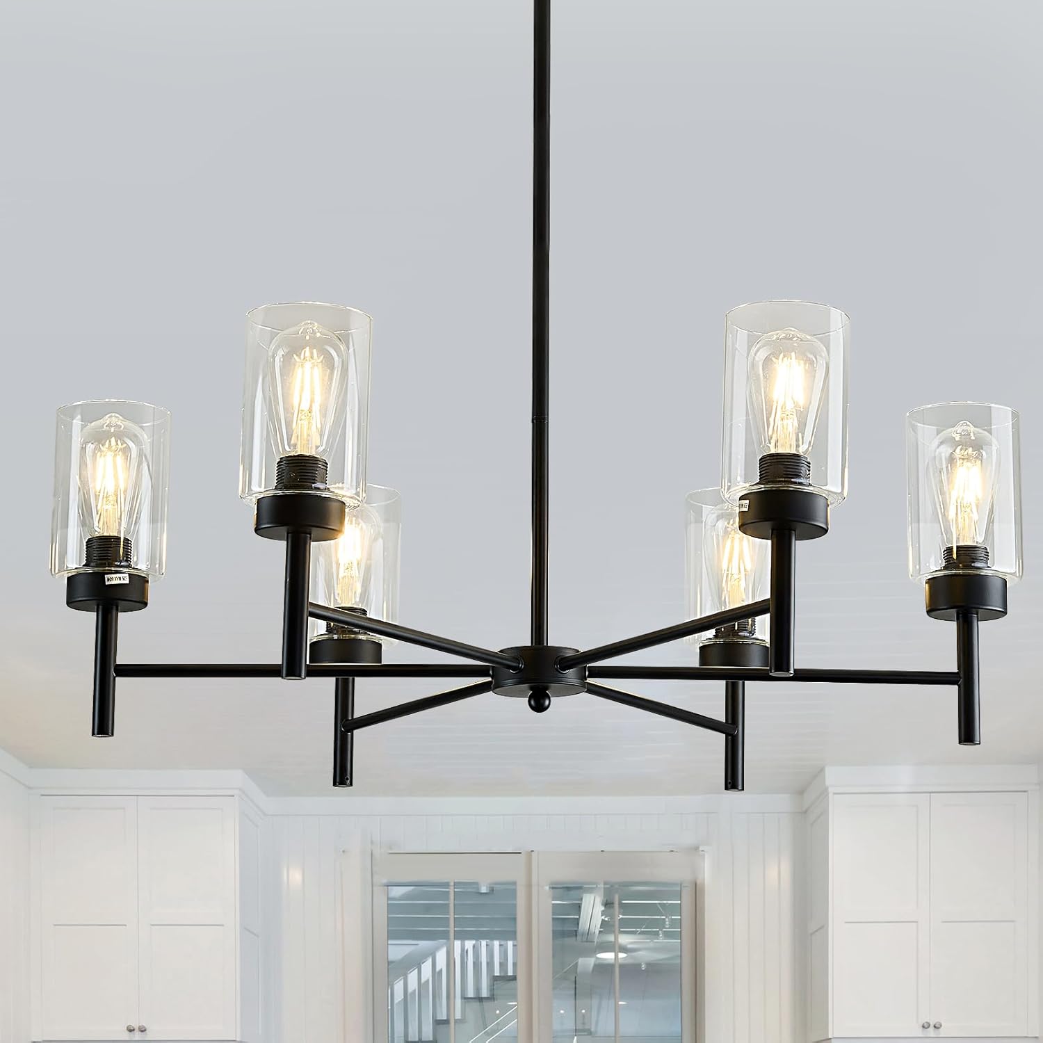Farmhouse Black Chandelier with Glass Vintage 6 Light Hanging Pendant Light Fixture Industrial Iron Ceiling Chandelier for Dining Room Kitchen Living Room Foyer. Black 6 Light
