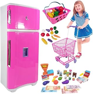 Geladeira Com Carrinho De Brinquedo Mini Mercadinho Compras Educativo Pedagógico Presente Para Criança Didático Infantil Menina Menino Divertido Criativo - Kitc01