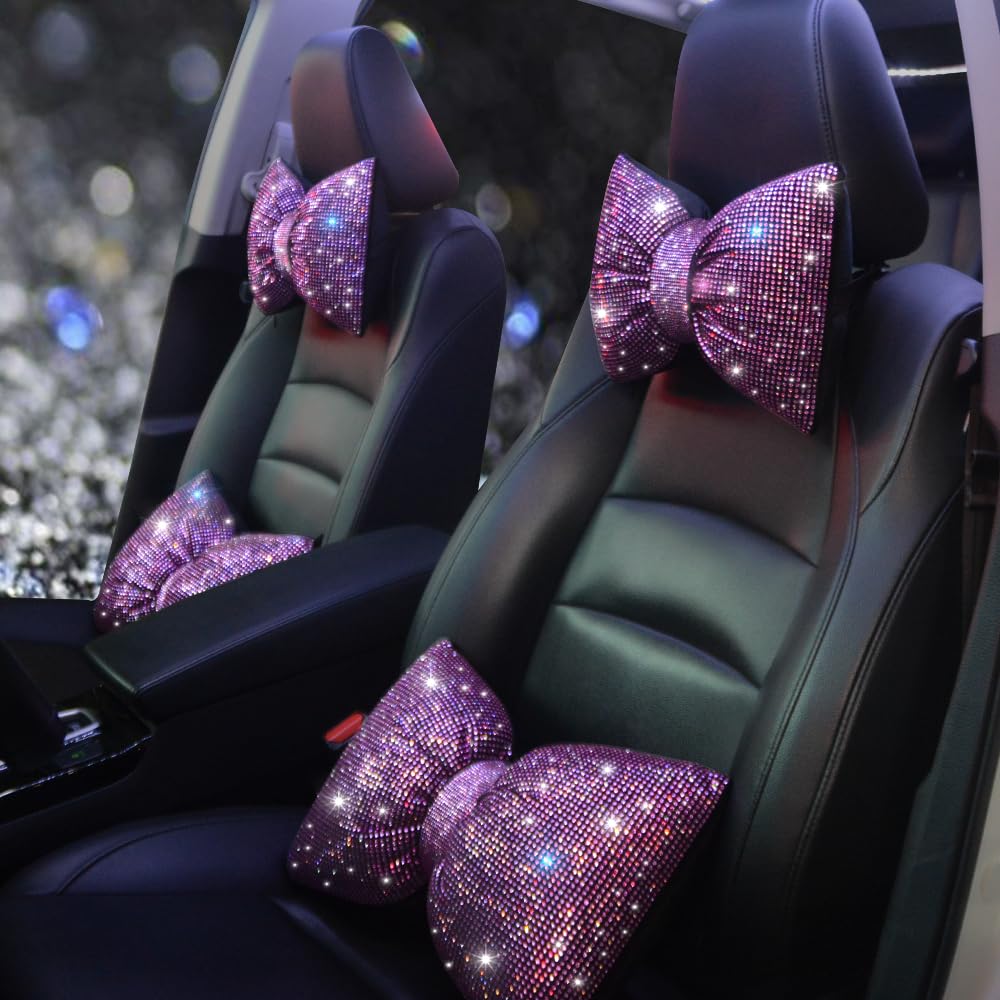 Car Pillow Headrest Auto Seat Headrest Cushion with Bow Tie Sparkly Bling Bling Rhinestone Accessories for Women Girls and Ladies Travel Comfort Head and Neck Rest Pink 2Pcs