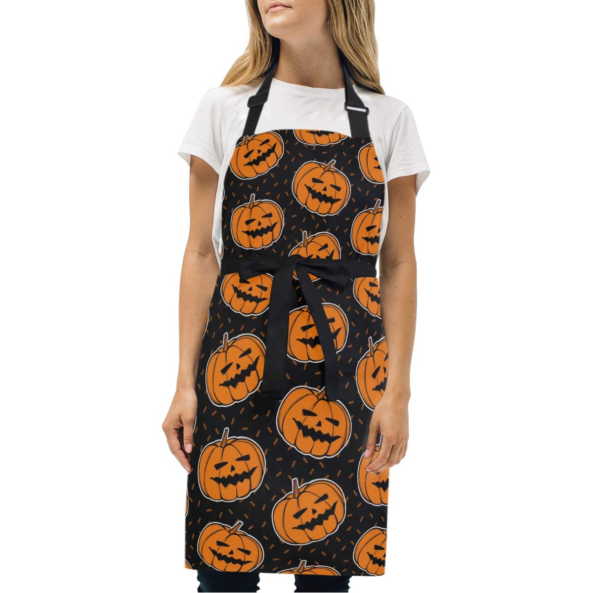 Orange Pumpkin Halloween Apron for Cooking Women Chef with 2 Pockets Adjustable Neck Strap Kitchen Bib Waitress Aprons for Baking Men Kid