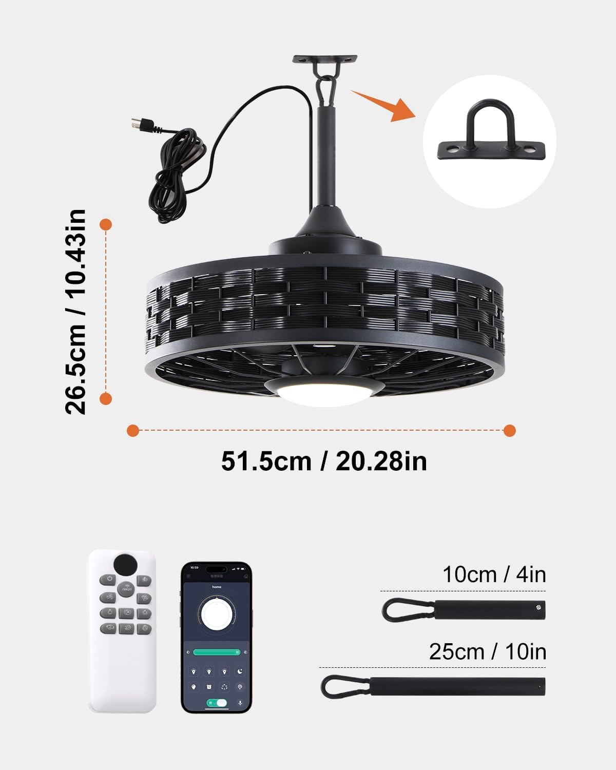 Outdoor Ceiling Fans with Light for Patios, 20" Weatherproof Gazebo Fan with Hanging Hook, Remote Control & APP, 6 Speeds, 3CCT, Caged Plug in Ceiling Fan for Patio