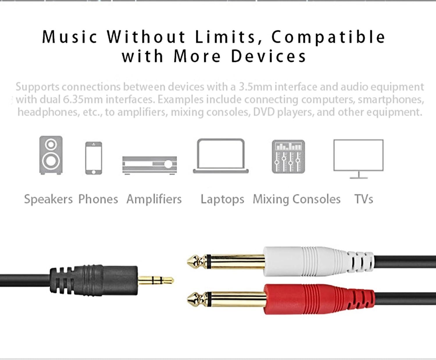 Devinal [50 Feet] 1/8 inch Male Stereo to Dual 1/4 Mono Male Audio Cable, 3.5mm TRS to Dual 6.35mm TS Y Splitter Breakout Cord, Gold Plated Heavy Duty Durable 15 Meters