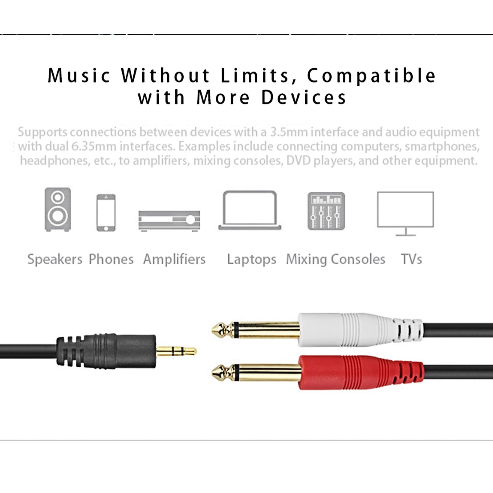 Cable de audio estéreo macho de 1/8 pulgadas a doble 1/4 mono macho, 3,5 mm TRS a doble 6,35 mm TS Y cable de separación, chapado en oro, resistente [50 pies]