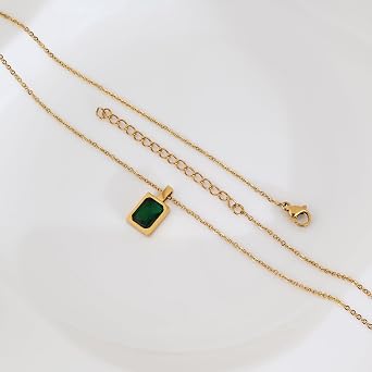 18K Gold Emerald & Ruby Pendant Necklace for Women, Square Cut Gemstone