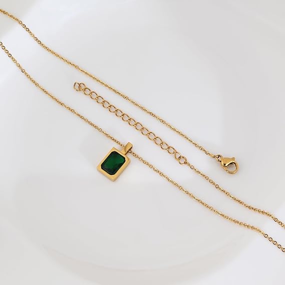 18K Gold Emerald & Ruby Pendant Necklace for Women, Square Cut Gemstone
