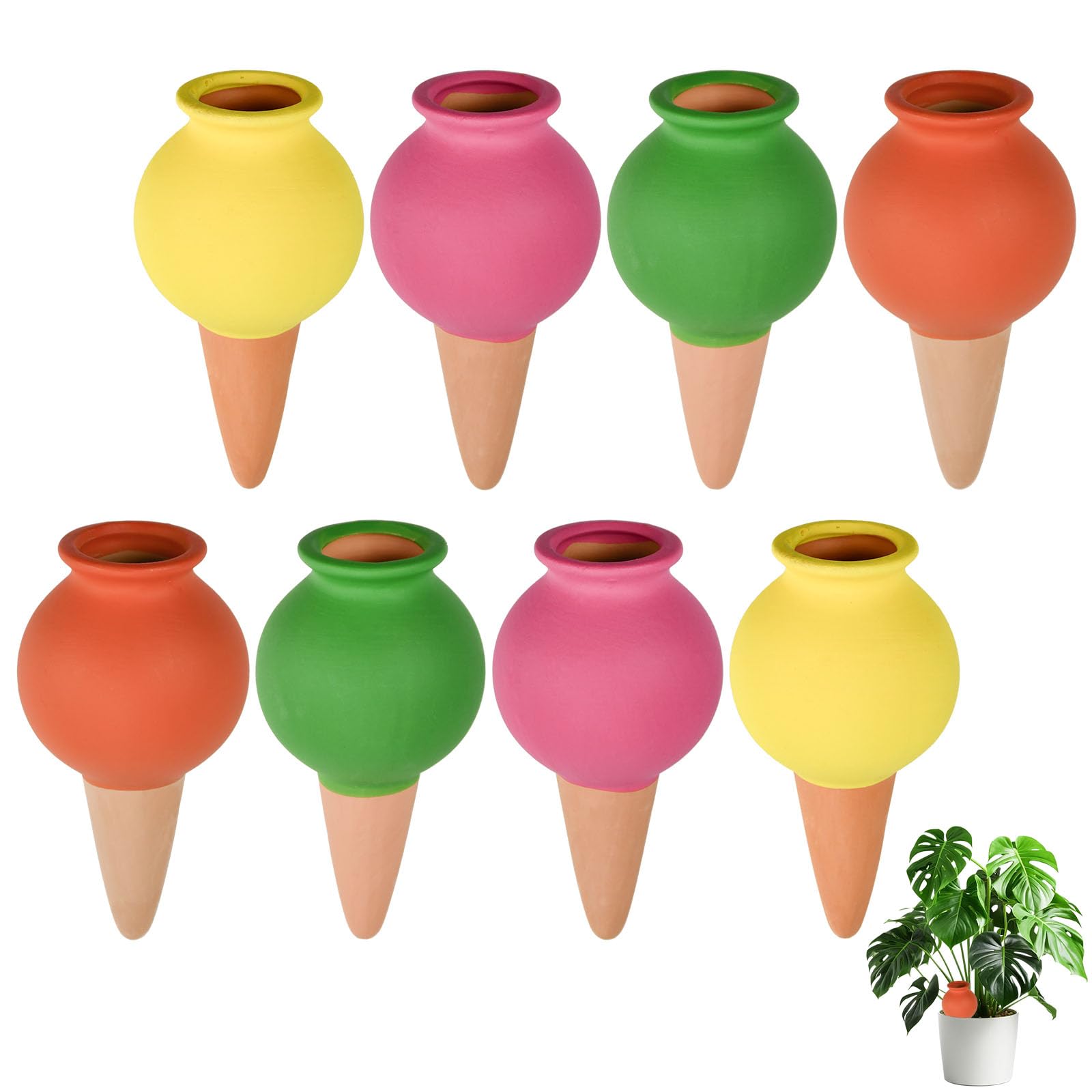 OLRWSLG 8 PCS Terracotta Self Watering Spikes Self Plant Watering Stakes Insert Decorative Plant Watering Globes Plants Automatic Watering Devices for Indoor and Outdoor Plants, 4 Colors