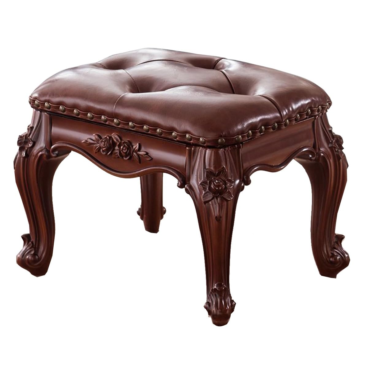Tabouret carré en bois massif et cuir rembourré au design intemporel couleur marron