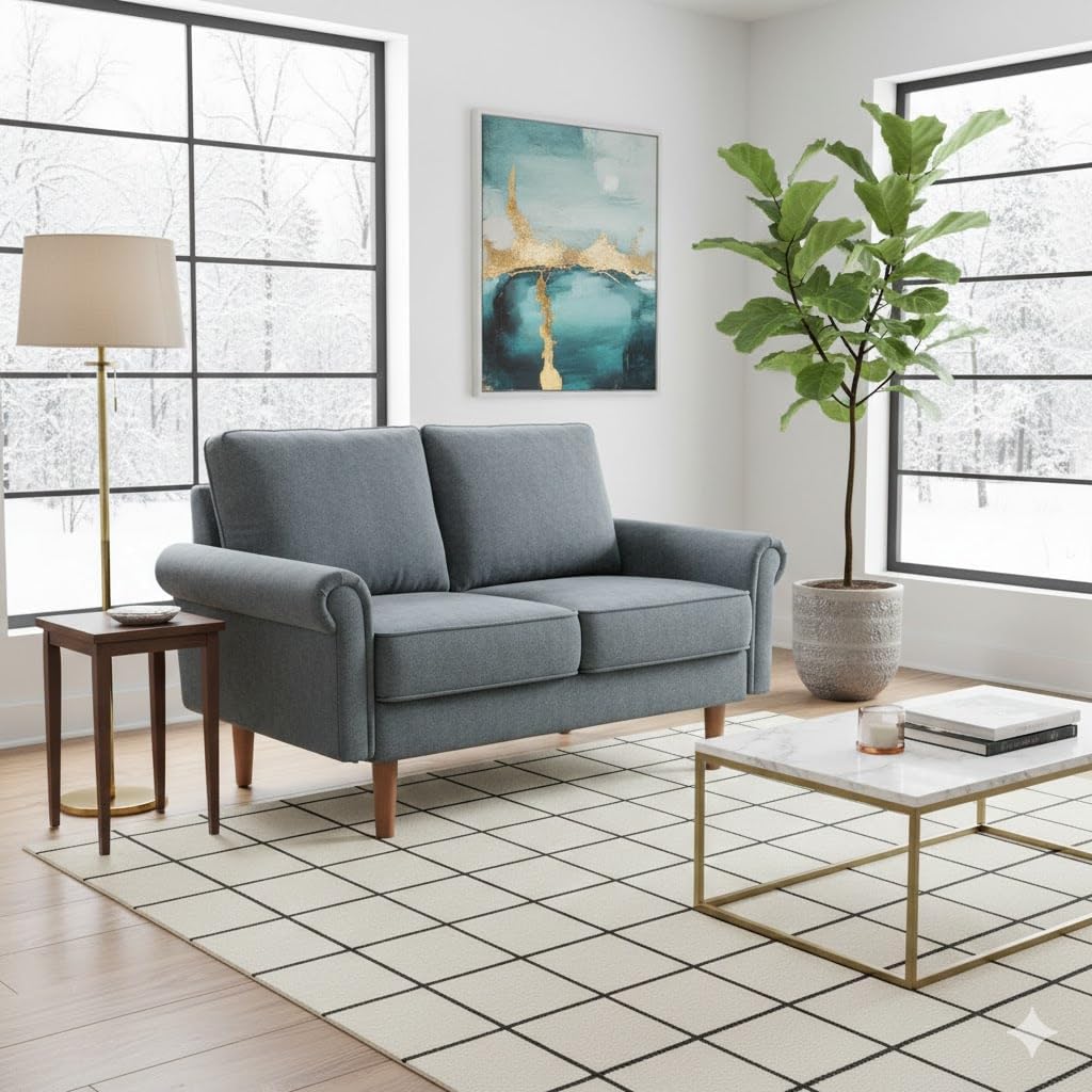 53-Inch Modern Velvet Loveseat Sofa with Rolled Armrests, Removable Cushions, Solid Wood Legs, Comfy Two-Seater Sleeper Couch, Easy Assembly for Living Room, Bedroom, Office, Black (Grey, 2 Seater)