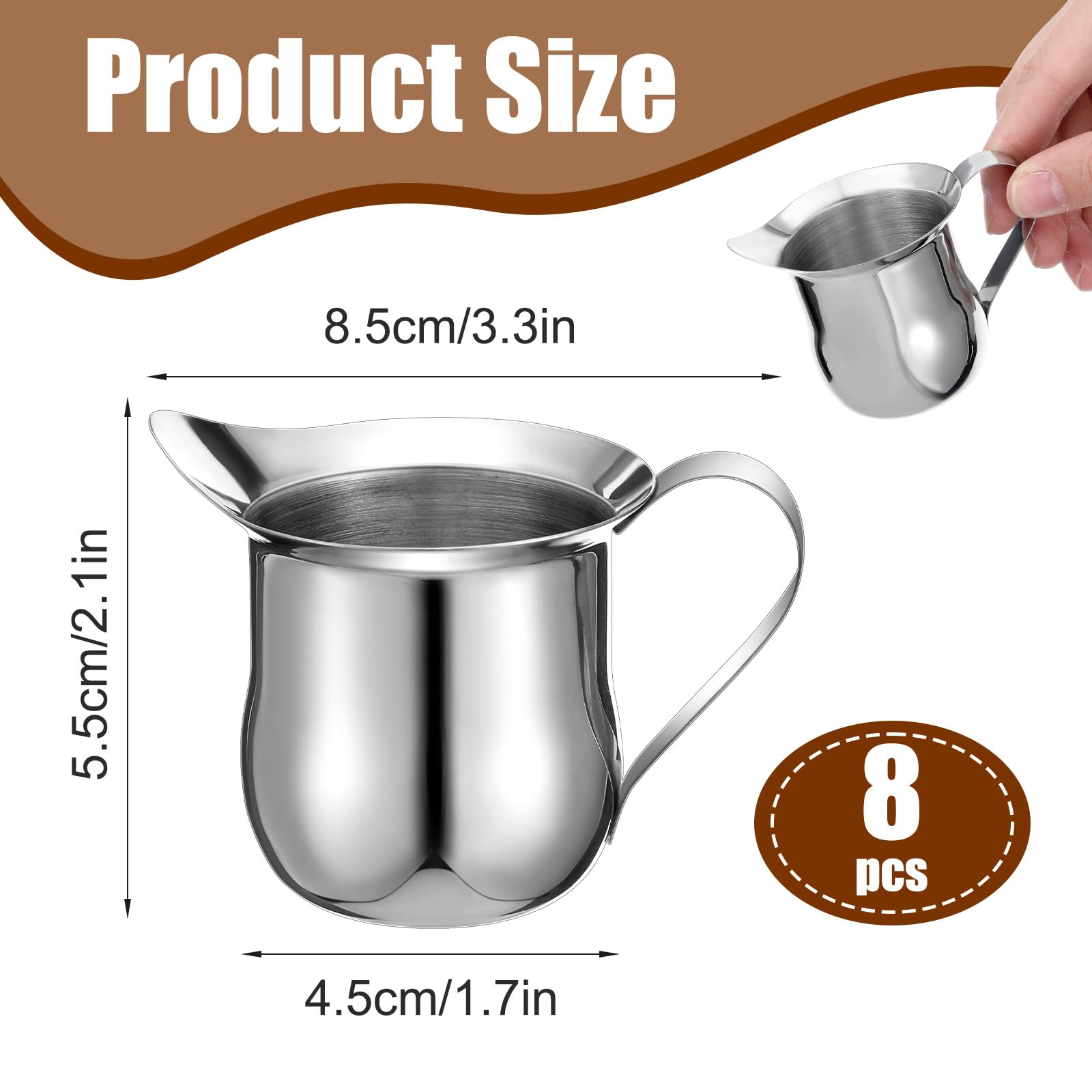Paquete de 8 jarras para crema de 3 onzas, cremas de campana de acero inoxidable, mini dispensador de crema con boquilla de vertido para servir leche, crema de café, jarabe de arce, máquina de