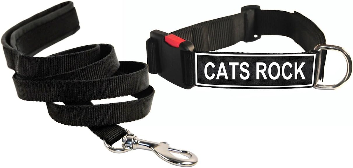 Dean & Tyler "Cats Rock" Large Black Patch Collar with Matching Padded Puppy Leash