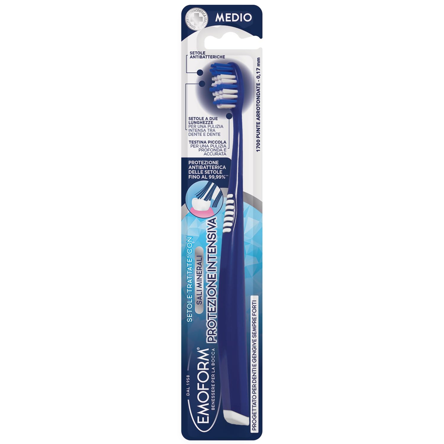 Emoform Spazzolino Protezione Intensiva con Setole Antibatteriche a doppia lunghezza trattate con Sali Minerali e 1700 Punte Arrotondate - Pulizia Profonda per Denti e Gengive