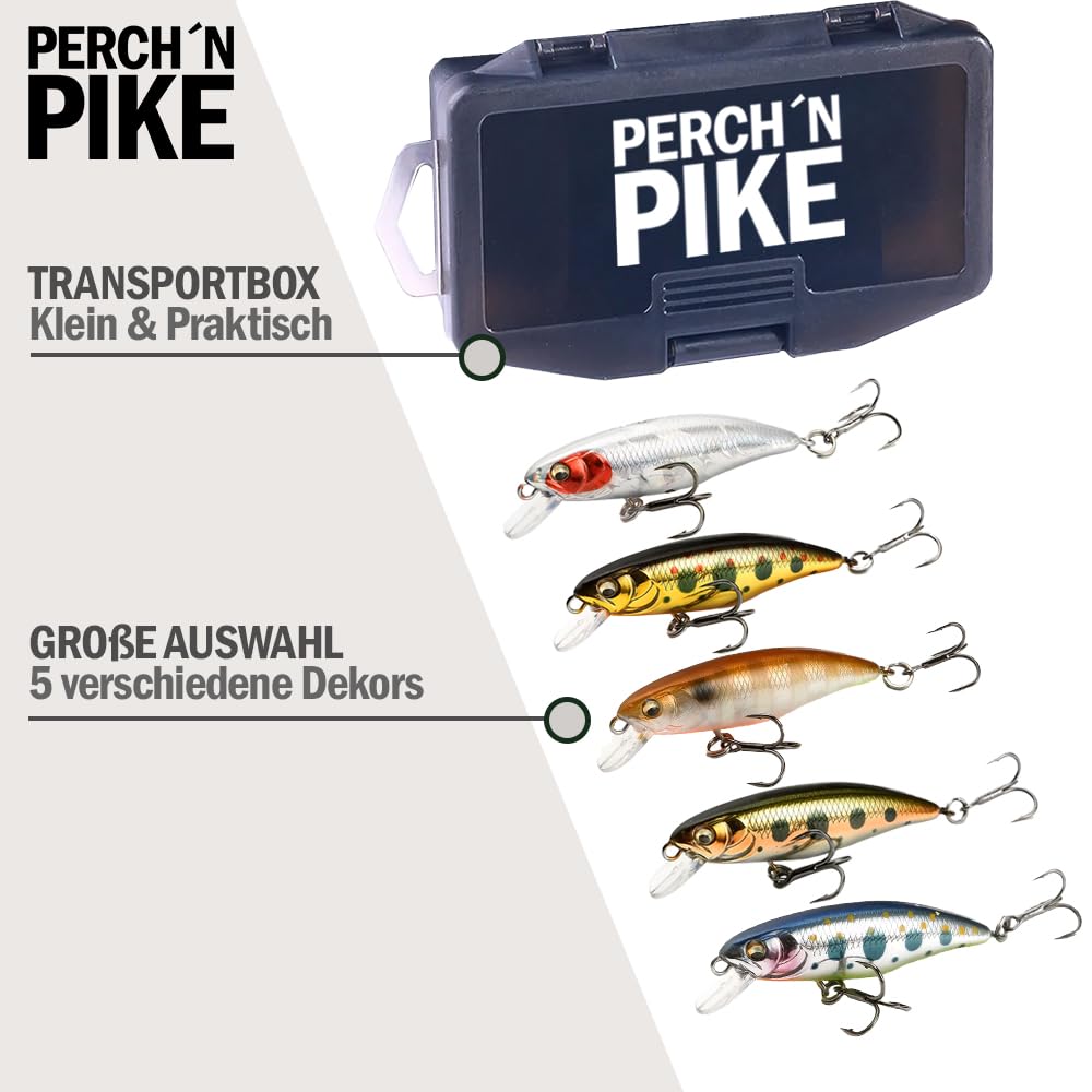 Wobbler - Set di 5 esche artificiali per trote e pesce persico, 5,5 cm, per pesca spinning, esca Minnow affondante per acqua dolce, ultra leggera, 4,4 g, 5,5 cm, in diverse decorazioni, per trote