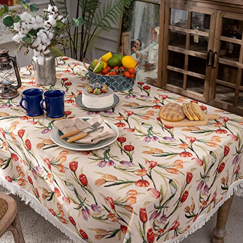 Sutavia Cotton Tulip Tablecloth Exquisite Hand-Made Floral Fabric With Cotton Macrame Lace Rustic Sofa Cover Blanket Multi-Purpose For Spring Summer Home Holiday Dining Room Indoor Outdoor   #TOP5