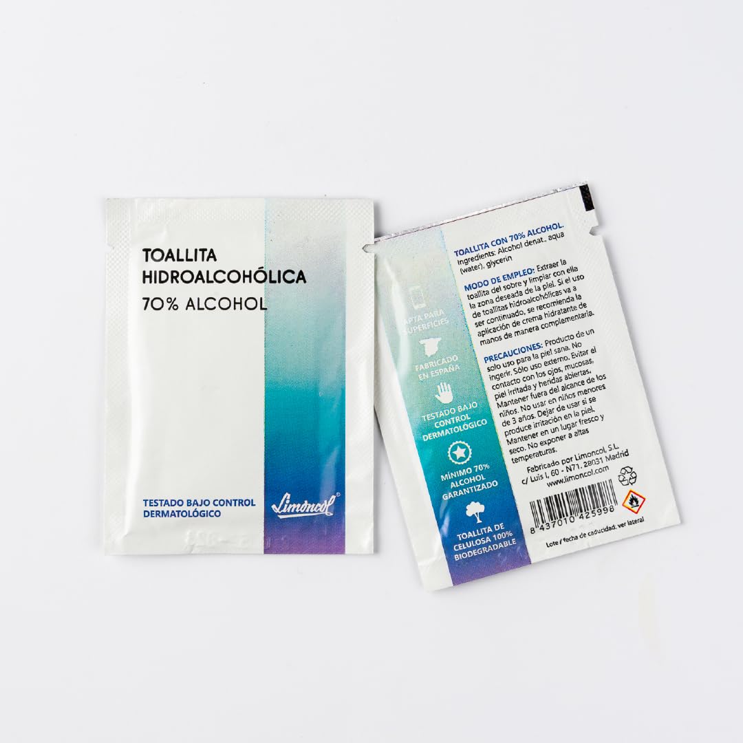 Toallitas Hidroalcohólicas Monodosis para Manos y Piel Sana, Alcohol Denat 70–72% con Glicerina, Higiene sin Aclarado, Formato Bolsillo, 100 Unidades