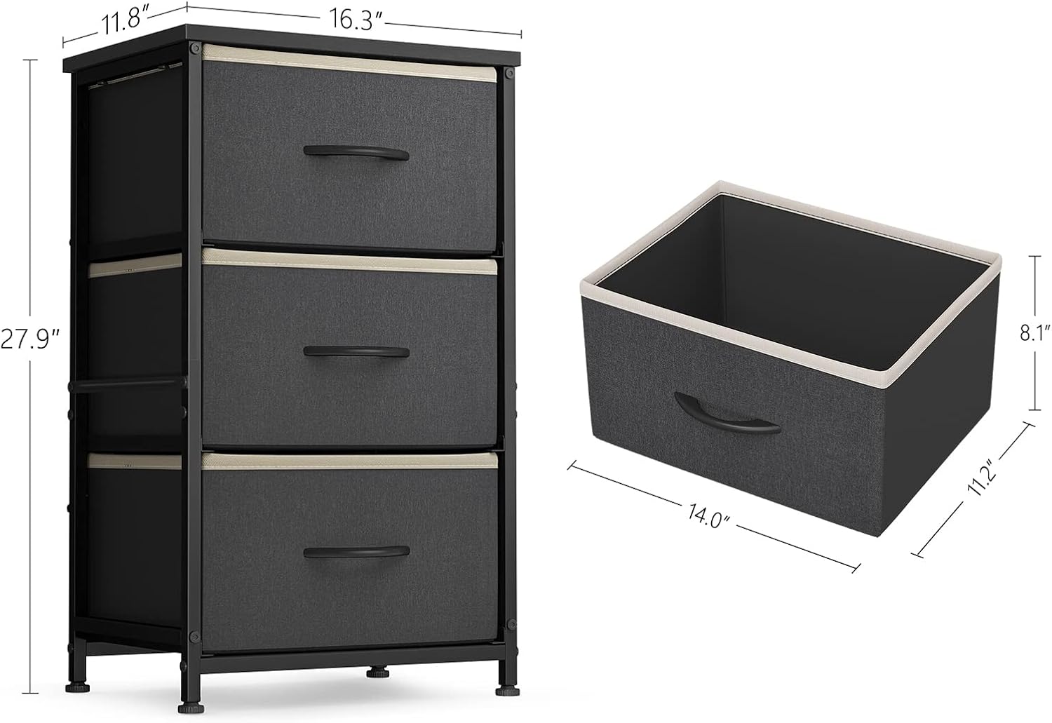 FEZIBO 3 Drawer Fabric Dresser Storage Tower, Organizer Unit for Bedroom, Closet, Entryway, Hallway, Nursery Room -Steel Frame, Wood Top, Easy Pull Handle-Black Grey with White Edge : Everything Else