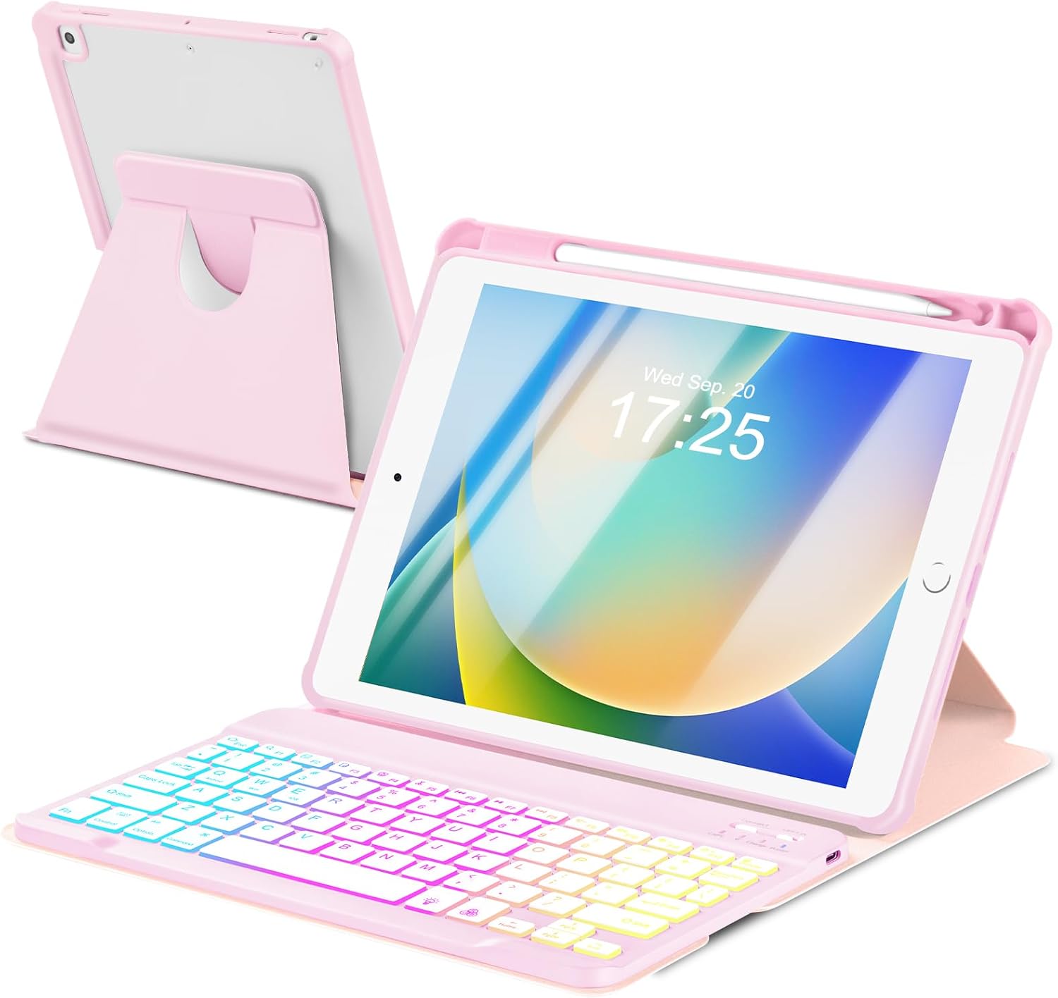 Case with Keyboard for iPad 9th 8th 7th Generation 10.2 inch,7 Rainbow Backlit Detachable Wireless Keyboard Rotatable Magnetic Cover with Pencil Holder for iPad Air 3rd Gen/Pro 10.5 Pink