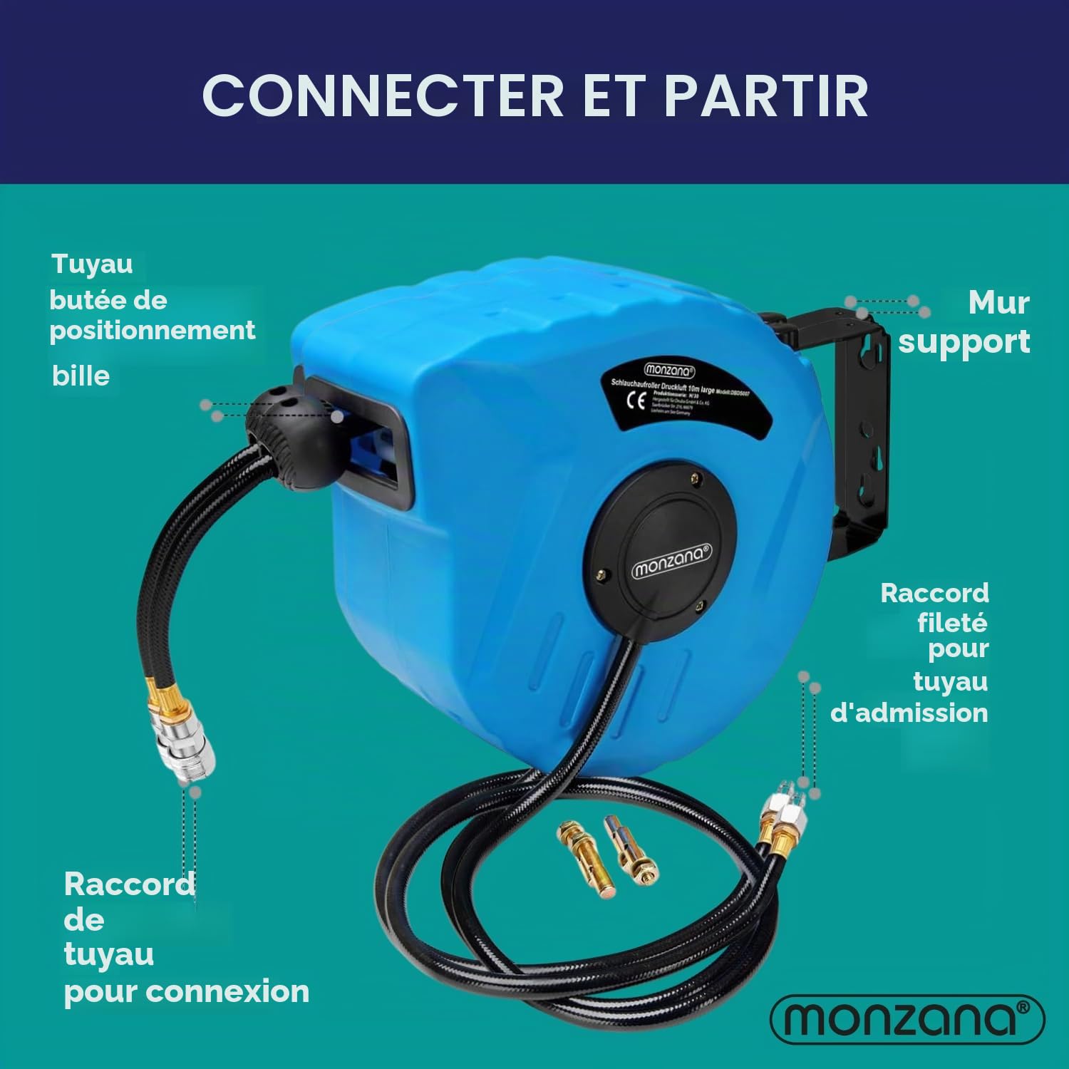 MONZANA® Enrouleur automatique de tuyau à air comprimé 10m+1m 12 bar raccord 1/4' Ø12mm dévidoir air comprimé tuyau pneumatique outil support mural 180°