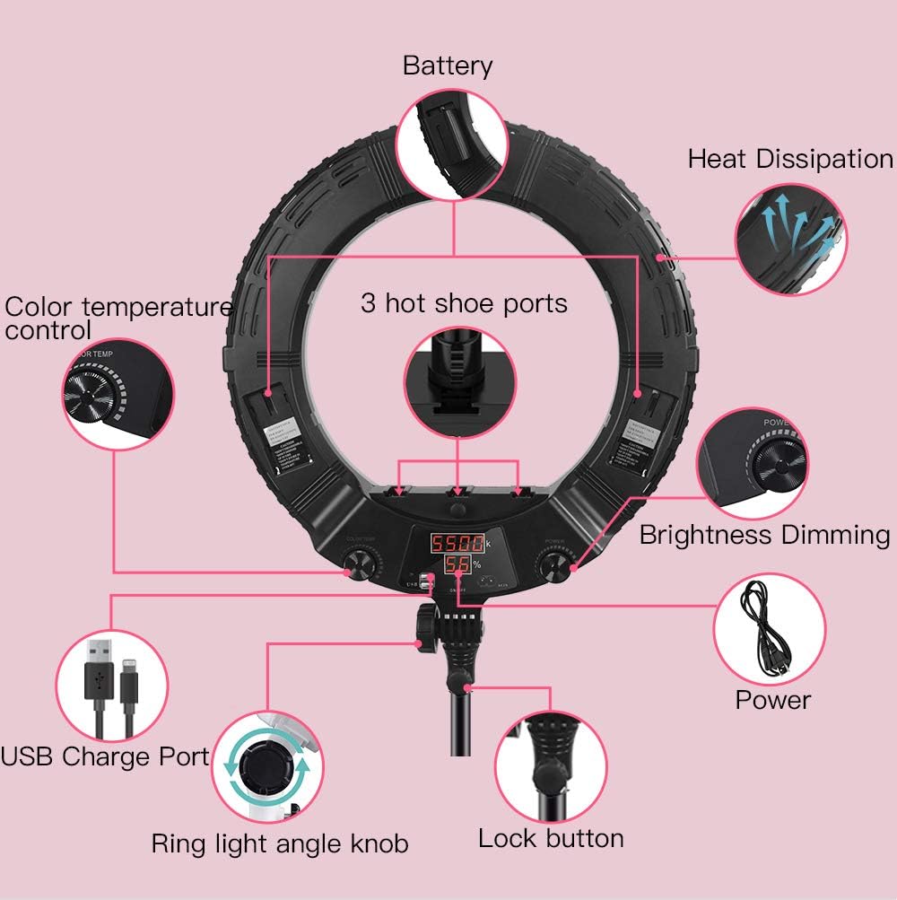 18 Inch Ring Light with Tripod Stand YouTube LED TikTok Ringlight Kit Color Temperature 3200K to 5500K Makeup Ringlights with Phone Holder Remote Carry Bag Camera Cellphone Video Shoot (LX-480D white)
