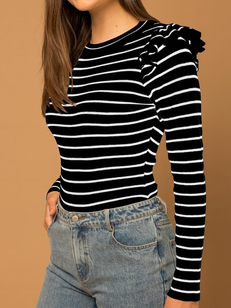 Ezbelle Women's Long Sleeve Ruffle Shirts Striped Rib Knit Blouse Slim Casual Office Trendy Fall Spring Tops 2026 - Image 3