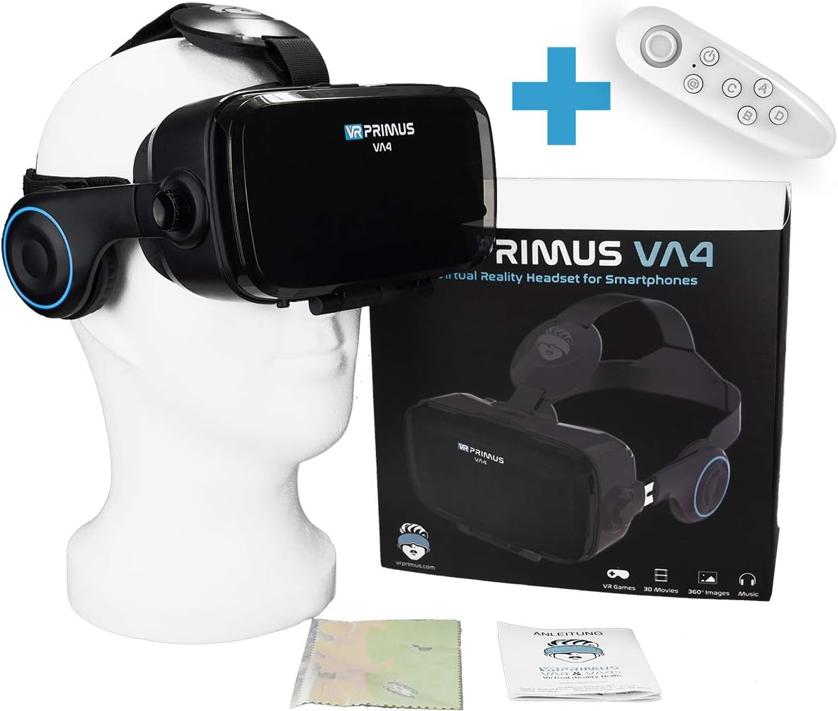 VA4, VR headset for Smartphones. Compatible with iPhone X XS XR 11 Pro and Android phones up to 6.2″ e.g. Samsung,Huawei,LG,Sony,Xiaomi,Google Cardboard | + controller for Android phones