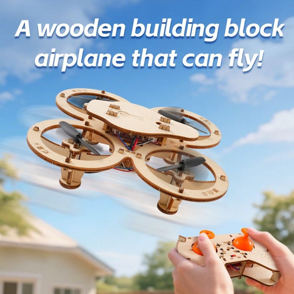 Hölzernes Bausatz-Flugzeugmodell mit 4-Achsen-Flugsteuerung, DIY Ferngesteuerte Drohne aus Holz für Erwachsene und Kinder, Pädagogisches Spielzeug