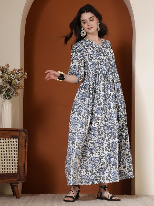 Image of Daevisn Tog Cotton Floral Printed Flared Maxi Dress for Women | Women Women Maxi Length Dress