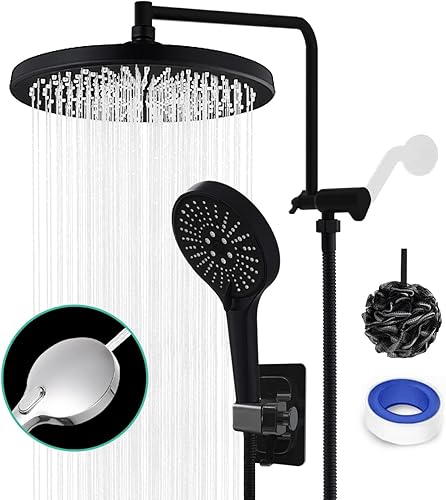 Cabezal de ducha de lluvia negro mate de 10 pulgadas con 6 ajustes, rociador de mano de alta presión, cabezal de ducha doble con brazo de extensión