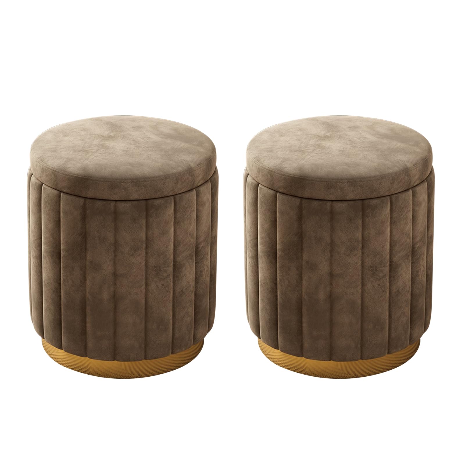 Pouf rotondo con contenitore, set di 2 sgabelli imbottiti in velluto con base in metallo, sgabelli moderni per camera da letto, soggiorno, mobili per la casa (set da 2, caffè)