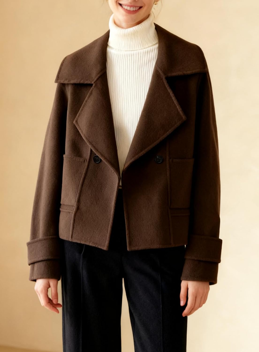 utcoco Womens Short Wool Pea Coat Notched Lapel Cropped Woolen Trench Coat with Pockets - Image 5