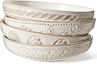 Artena 50oz Large Pasta Bowls Set of 4 - 9.75" Embossed Ceramic Salad Serving Bowls, White, Microwave Dishwasher Oven Safe