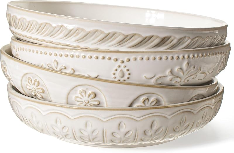 Pasta Bowls, 50oz Large Salad Serving Bowls, 9.75'' Plates Bowls Set of 4, Big White Ceramic Soup Bowls for Kitchen, Embossment Shallow Dinner Bowl, Microwave Dishwasher Safe, Multiple Patterns
