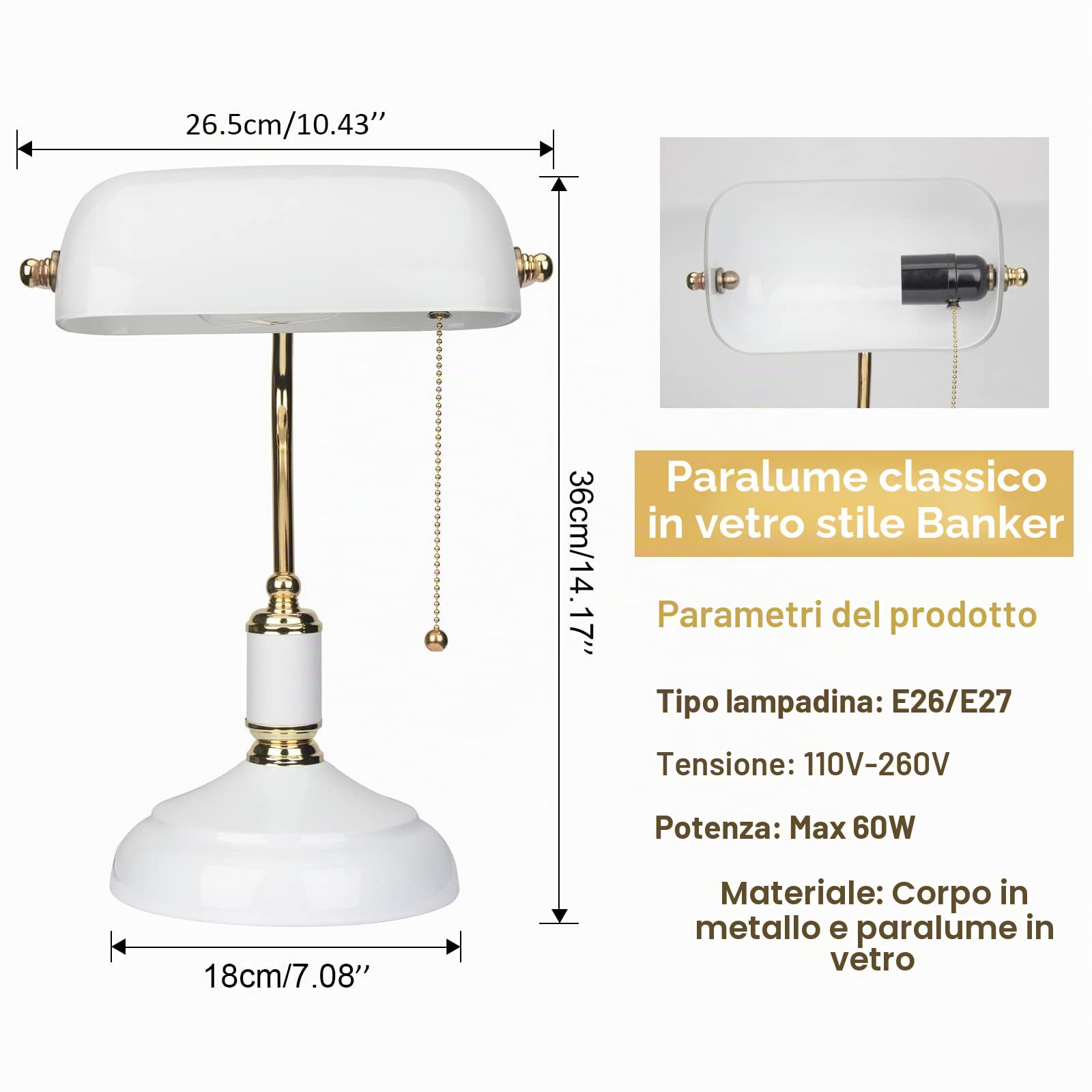 Lampada da banchiere dorata, lampada da tavolo con paralume in vetro, interruttore a catena, per ufficio, biblioteca, studio, camera da letto